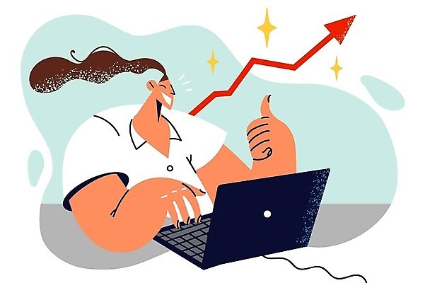 EPS 해외이미지 여자 화살표 일러스트 비즈니스 성공 그래프 한명 웃음 성인 노트북 성장 최고 비즈니스우먼 상승 성인여자한명만 해외202309 해외일러스트 1 컨셉 표정 사람 전자제품 직장인 여자한명만 성인여자만 파일형식 벡터