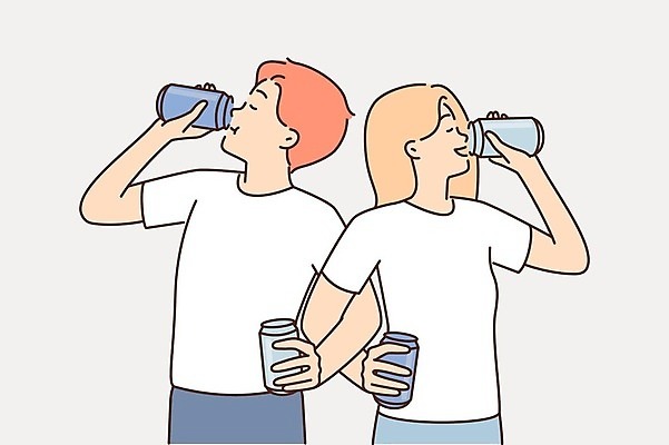 EPS 해외이미지 여자 남자 행복 음료 일러스트 들기 상반신 성인 두명 팔짱 눈감음 마시기 성인만 해외202309 해외일러스트 감정 모션 사람 파일형식 벡터