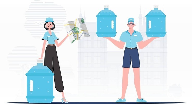 EPS 해외이미지 여자 남자 지도 일러스트 들기 성인 두명 물 파란색 기댐 신선 물통 배송 성인만 해외202309 해외일러스트 자연요소 컬러 모션 사람 파일형식 벡터