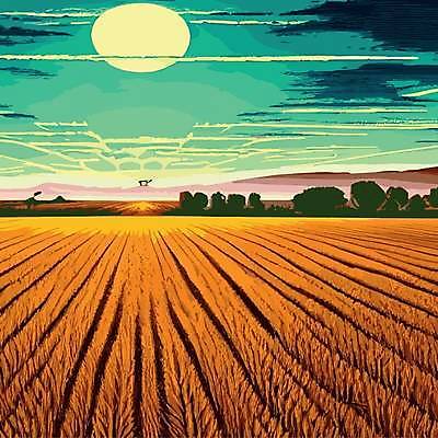 EPS 해외이미지 백그라운드 농업 일러스트 사람없음 태양 농경지 일몰 밀 해외202309 해외일러스트 자연요소 산업 곡류 농장 노을 파일형식 벡터
