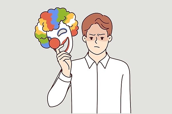 EPS 해외이미지 남자 일러스트 한명 들기 상반신 성인 비즈니스맨 피에로 거짓 삐에로가면 성인남자한명만 해외202309 해외일러스트 1 비즈니스 모션 가면 사람 직장인 남자한명만 성인남자만 파일형식 벡터