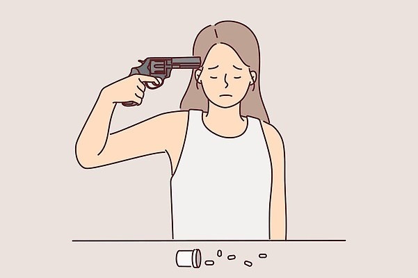 EPS 해외이미지 여자 일러스트 스트레스 피곤 한명 들기 상반신 성인 알약 총 찡그림 우울감 우울증 성인여자한명만 해외202309 해외일러스트 1 감정 무기 컨셉 모션 표정 사람 약 질병 여자한명만 성인여자만 파일형식 벡터