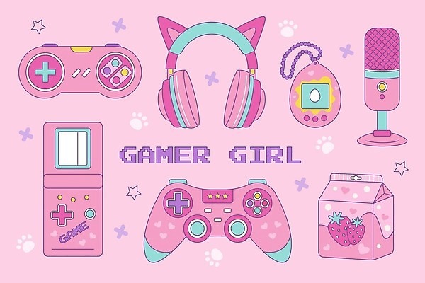 EPS 해외이미지 분홍색 일러스트 사람없음 헤드폰 하트 마이크 복고 개발바닥 게임콘트롤러 딸기우유 키치 Y2K 해외202309 해외일러스트 모양 컬러 음향기기 컨셉 우유 게임기 발바닥 파일형식 벡터