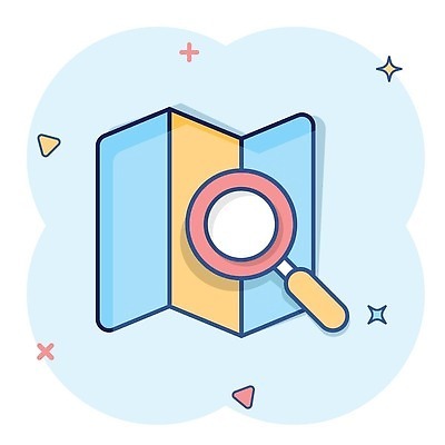 EPS 해외이미지 하늘색 지도 일러스트 돋보기 사람없음 반짝임 심볼 심플 해외202309 해외일러스트 모션 파란색 파일형식 벡터