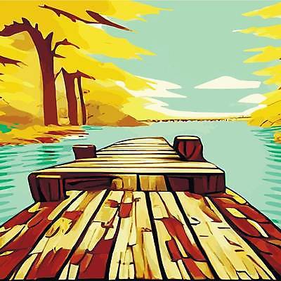 EPS 해외이미지 나무 백그라운드 일러스트 사람없음 노란색 강가 해외202309 해외일러스트 식물 컬러 강 파일형식 벡터