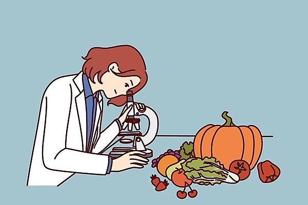 EPS 해외이미지 응시 여자 음식 채소 일러스트 건강 현미경 한명 연구원 과학자 분석 영양분 성인여자한명만 해외202309 해외일러스트 직업 1 시선 과학 컨셉 실험기구 사람 학자 여자한명만 성인여자만 파일형식 벡터