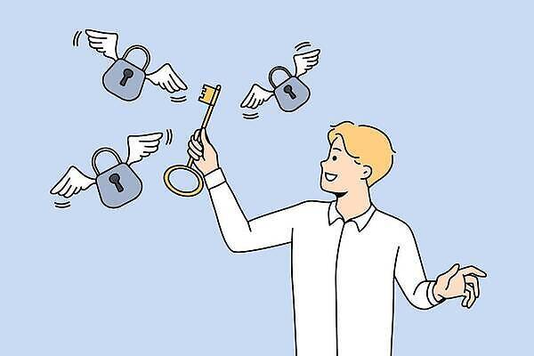 EPS 해외이미지 남자 와이셔츠 일러스트 비즈니스 열쇠 자물쇠 한명 들기 성인 성인남자한명만 해외202309 해외일러스트 1 셔츠 모션 사람 남자한명만 성인남자만 파일형식 벡터