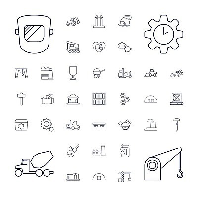 EPS 해외이미지 산업 시계 일러스트 공장 화살 집게 가면 세트 정원 화물 못 칼날 팔레트 망치 굴착기 기중기 수납 기어 지게차 펌프 외양간 용접공 취급주의 벡터 해외202309 해외일러스트 직업 공업 경고 운송업 공구 중장비 파일형식