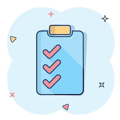 EPS 해외이미지 하늘색 일러스트 사람없음 반짝임 심볼 체크표시 심플 서류판 체크리스트 해외202309 해외일러스트 모션 파란색 사무용품 확인 파일형식 벡터