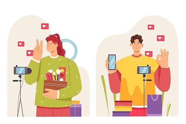 EPS 해외이미지 무료이미지 여자 남자 일러스트 모바일 들기 두명 스마트폰 쇼핑백 카메라 화장품 온라인 동영상 리뷰 마케팅 블로거 소셜 크리에이터 1인미디어 해외202309 해외일러스트 직업 가방 모션 사람 전자제품 핸드폰 스마트기기 뷰티 방송 파일형식 벡터 무료콘텐츠