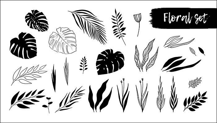 EPS 해외이미지 클립아트 모양 나무 식물 디자인 꽃 실루엣 잎 꽃무늬 일러스트 손바닥 미술 그래픽 장식 세트 나뭇가지 낙서 숲 스케치 그림 엘리먼트 이국적 벡터 해외202309 해외일러스트 손 무늬 문화예술 촬영기법 파일형식