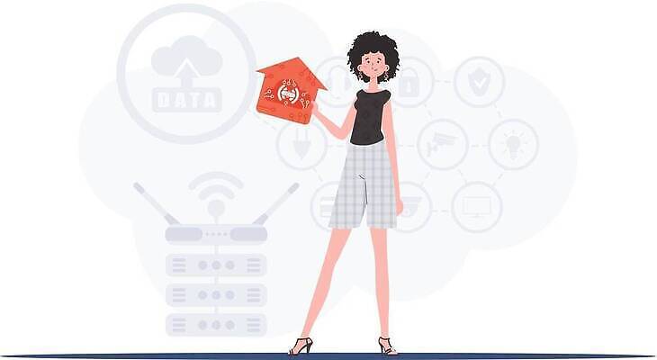 EPS 해외이미지 전신 여자 일러스트 한명 들기 성인 사물인터넷 성인여자한명만 집모양 해외202309 해외일러스트 모양 1 모션 정보기술 사람 여자한명만 성인여자만 파일형식 벡터