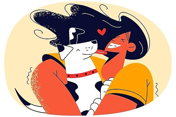 EPS 해외이미지 라이프스타일 여자 행복 일러스트 안기 사랑 한명 상반신 성인 귀여움 화목 다정 하트 강아지 핥기 성인여자한명만 해외202309 해외일러스트 모양 1 감정 컨셉 모션 사람 생활 반려동물 개 여자한명만 성인여자만 파일형식 벡터