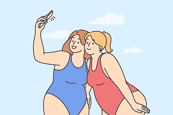 EPS 해외이미지 여자 수영복 행복 포즈 일러스트 하늘 들기 상반신 성인 두명 스마트폰 셀프카메라 성인여자만 해외202309 해외일러스트 옷 감정 모션 사람 핸드폰 스마트기기 사진촬영 여자만 성인만 파일형식 벡터