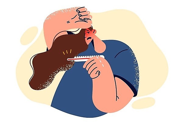 EPS 해외이미지 여자 일러스트 한명 들기 성인 손들기 고통 환자 뜨거움 열 온도계 체온계 발열 증상 성인여자한명만 해외202309 해외일러스트 1 감정 의학 모션 사람 여자한명만 성인여자만 파일형식 벡터