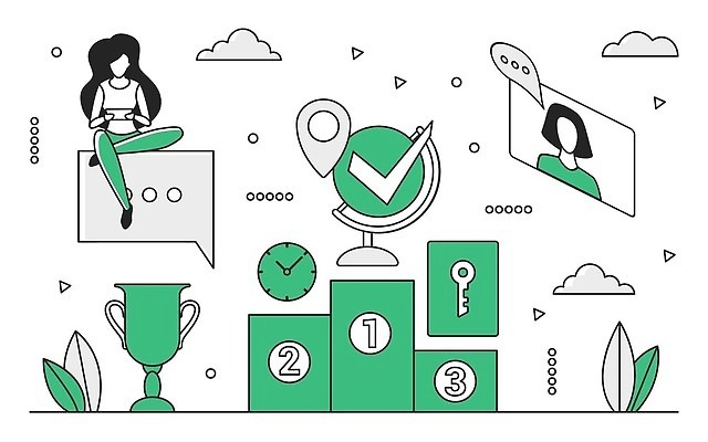 EPS 해외이미지 전신 여자 시계 잎 일러스트 비즈니스 열쇠 앉기 상반신 성인 두명 초록색 지구본 트로피 체크표시 순위 GPS 시상대 성인여자만 해외202309 해외일러스트 식물 컬러 모션 사람 상_우승 확인 여자만 성인만 파일형식 벡터