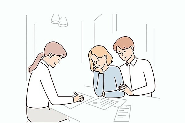 EPS 해외이미지 부부 응시 여자 남자 일러스트 상반신 성인 세명 펜 기록 계약서 성인만 해외일러스트 커플 시선 사람 필기구 파일형식 벡터