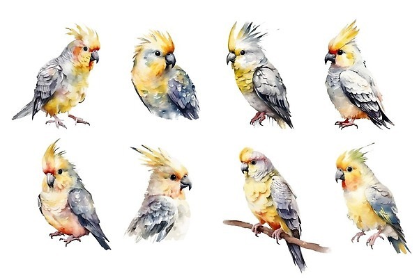 EPS 해외이미지 야생동물 일러스트 사람없음 세트 노란색 귀여움 나뭇가지 질감 앵무새 번짐 해외202309 해외일러스트 나무 동물 컬러 컨셉 조류 파일형식 벡터 효과