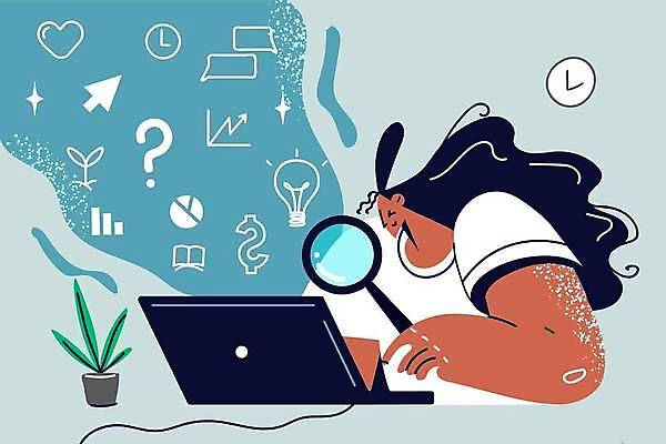 EPS 해외이미지 여자 일러스트 비즈니스 돋보기 한명 들기 노트북 컴퓨터 비즈니스우먼 분석 검색 발견 성인여자한명만 해외202309 해외일러스트 1 컨셉 모션 사람 전자제품 직장인 여자한명만 성인여자만 파일형식 벡터