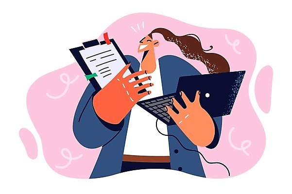 EPS 해외이미지 여자 행복 일러스트 비즈니스 한명 들기 성인 노트북 비즈니스우먼 서류판 성인여자한명만 해외202309 해외일러스트 1 감정 모션 사람 전자제품 사무용품 직장인 여자한명만 성인여자만 파일형식 벡터