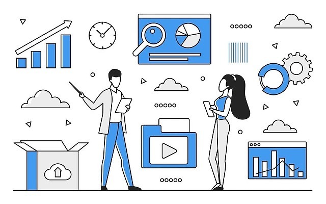 EPS 해외이미지 전신 여자 남자 화살표 일러스트 비즈니스 그래프 성인 두명 파란색 디지털 정보 업무 스마트 분석 온라인 경영 데이터베이스 인터페이스 해외202310 해외일러스트 컬러 컨셉 사람 작업 파일형식 벡터