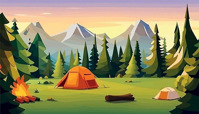EPS 해외이미지 나무 여행 일러스트 산 텐트 사람없음 캠핑 모닥불 캠핑장 해외202309 해외일러스트 식물 불 레저 캠핑도구 파일형식 벡터