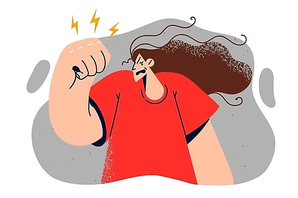 EPS 해외이미지 라이프스타일 여자 일러스트 한명 상반신 성인 손들기 주먹 분노 짜증 찡그림 번개모양 성인여자한명만 해외202309 해외일러스트 모양 1 감정 모션 표정 사람 생활 번개 여자한명만 성인여자만 파일형식 벡터