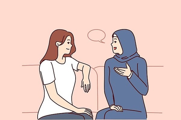 EPS 해외이미지 여자 행복 일러스트 대화 앉기 상반신 성인 두명 우정 이슬람교 다문화 다인종 성인여자만 해외202309 해외일러스트 감정 종교 모션 말하기 사람 인종 친구 사회이슈 여자만 성인만 파일형식 벡터