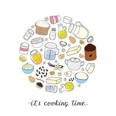 EPS 해외이미지 그릇 일러스트 사람없음 계란 우유 원형 낙서 올리브오일 가득함 크림 밀가루 제빵 소금 손그림 드로잉 버터 포대 벌집 계량컵 바닐라 아기자기 해외202309 해외일러스트 도형 식기 컨셉 유제품 미술 컵 제과제빵 알 기름_음식 가루 계량 파일형식 벡터