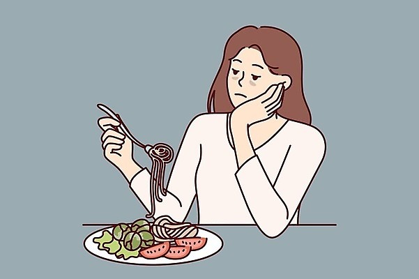 EPS 해외이미지 여자 포크 다이어트 일러스트 스트레스 스파게티 한명 들기 성인 식사 턱괴기 고통 먹기 식욕 우울증 성인여자한명만 해외202309 해외일러스트 1 식기 감정 모션 파스타 건강 사람 질병 여자한명만 성인여자만 파일형식 벡터