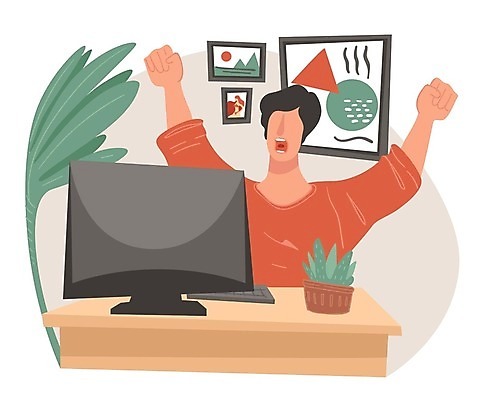 EPS 해외이미지 남자 화분 화초 액자 일러스트 한명 앉기 상반신 성인 손들기 모니터 만세 키보드 책상 그림 기지개 성인남자한명만 해외202309 해외일러스트 식물 1 가구 모션 사람 컴퓨터 남자한명만 성인남자만 파일형식 벡터