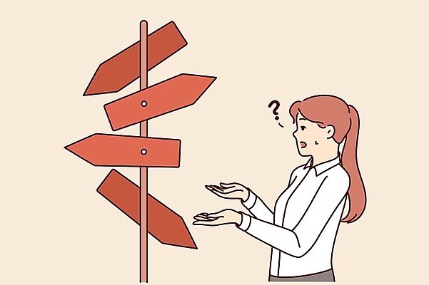 EPS 해외이미지 여자 일러스트 한명 상반신 성인 비즈니스우먼 선택 방향 갈림길 교차로 의문 성인여자한명만 해외202309 해외일러스트 1 길 컨셉 비즈니스 사람 직장인 여자한명만 성인여자만 파일형식 벡터