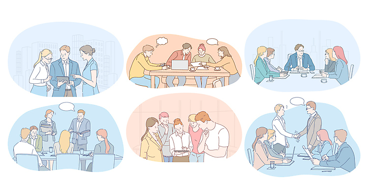 EPS 해외이미지 여자 남자 말풍선 일러스트 비즈니스 회의 악수 들기 앉기 여러명 상반신 성인 노트북 태블릿 손잡기 거래 책상 문서 성인만 해외202309 해외일러스트 가구 다수 모션 사람 손짓 전자제품 스마트기기 파일형식 벡터