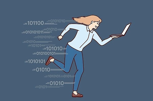 EPS 해외이미지 전신 여자 인터넷 일러스트 한명 들기 성인 노트북 달리기 작업 비즈니스우먼 성인여자한명만 해외202309 해외일러스트 1 비즈니스 모션 사람 전자제품 직장인 여자한명만 성인여자만 파일형식 벡터