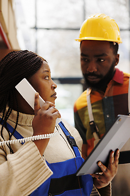 포토 JPG 해외이미지 응시 여자 남자 흑인 노동자 실내 들기 상반신 성인 두명 앞모습 작업 안전모 전화기 물류창고 체크리스트 성인만 해외202309 해외포토 서양인 직업 시선 뷰포인트 모션 사람 내부 헬멧 안전장비 창고 파일형식