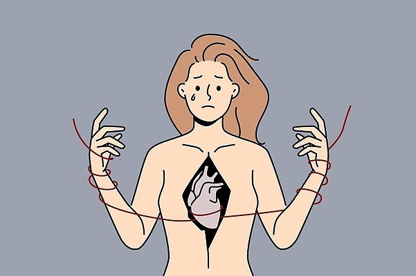 EPS 해외이미지 여자 일러스트 한명 상반신 성인 심장 실 울상 성인여자한명만 해외202309 해외일러스트 1 사람 장기_의학 여자한명만 성인여자만 파일형식 벡터