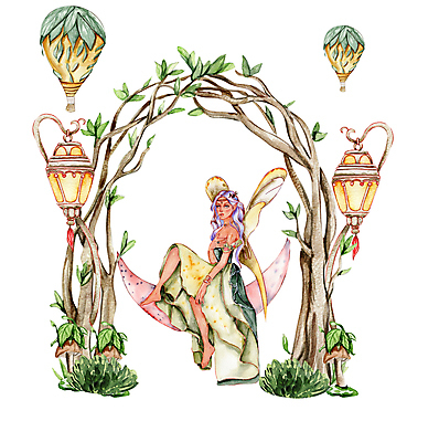 JPG 해외이미지 전신 나무 캐릭터 여자 꽃 나비 일러스트 조명 요정 한명 앉기 성인 열기구 우아함 신비 스케치 그림 아치 성인여자한명만 해외202309 해외일러스트 일러캐릭터 식물 1 곤충 컨셉 항공교통 모션 미술 사람 여자한명만 성인여자만 파일형식