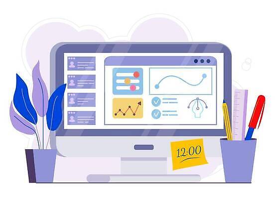 EPS 해외이미지 식물 화분 일러스트 비즈니스 자 사람없음 연필 모니터 보라색 포스트잇 연필꽂이 형광펜 인터넷창 해외202309 해외일러스트 컬러 인터넷 문구용품 학용품 컴퓨터 필기구 펜 메모지 파일형식 벡터