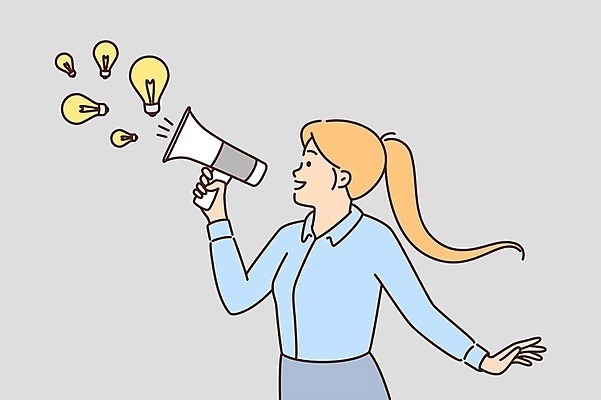 EPS 해외이미지 여자 일러스트 한명 들기 상반신 성인 확성기 전구모양 성인여자한명만 해외일러스트 모양 1 전구 모션 사람 여자한명만 성인여자만 파일형식 벡터