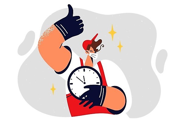 EPS 해외이미지 남자 시계 일러스트 노동자 한명 들기 성인 비즈니스맨 직원 마스크착용 성인남자한명만 해외202309 해외일러스트 직업 1 비즈니스 모션 마스크 사람 직장인 사회이슈 남자한명만 성인남자만 파일형식 벡터