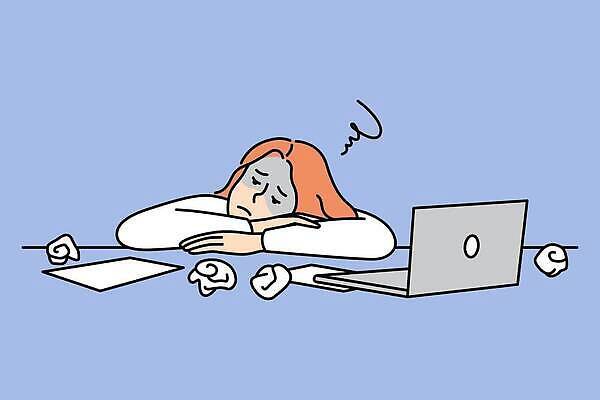 EPS 해외이미지 여자 종이 엎드리기 일러스트 한명 상반신 성인 비즈니스우먼 찡그림 문서 바쁨 과로 구김 성인여자한명만 해외202309 해외일러스트 1 비즈니스 모션 표정 사람 직장인 여자한명만 성인여자만 파일형식 벡터