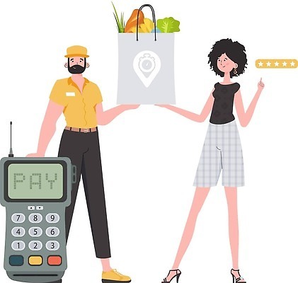 EPS 해외이미지 전신 여자 남자 유니폼 채소 일러스트 들기 성인 두명 쇼핑백 암호 배송 택배 성인만 해외202309 해외일러스트 옷 가방 모션 사람 운송업 파일형식 벡터