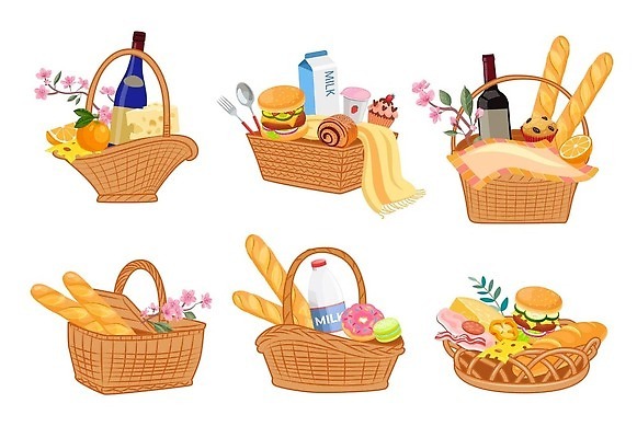 EPS 해외이미지 포크 오렌지 일러스트 치즈 사람없음 소풍 바구니 와인 숟가락 우유 햄버거 바게트 돗자리 머핀 해외202309 해외일러스트 식기 빵 과일 유제품 주류 패스트푸드 수저 야외활동 파일형식 벡터