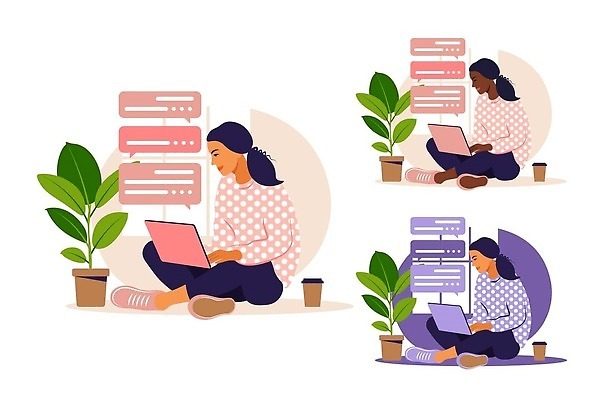 EPS 해외이미지 전신 여자 화분 말풍선 일러스트 앉기 성인 세명 노트북 온라인강의 성인여자만 해외202309 해외일러스트 모션 사람 전자제품 강의 여자만 성인만 파일형식 벡터 언택트