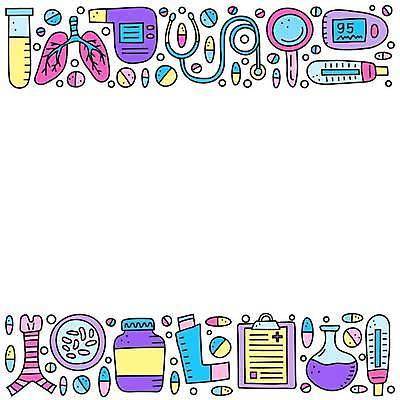 EPS 해외이미지 디자인 포스터 백그라운드 일러스트 청진기 사람없음 컬러풀 알약 거울 허파 낙서 약병 손그림 진단서 천식흡입기 해외202309 해외일러스트 컬러 의료기기 약 진료 의학용품 호흡기관 병_담는 파일형식 벡터