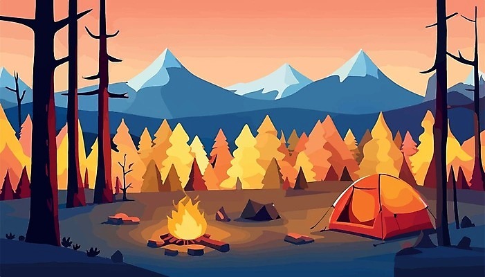 EPS 해외이미지 나무 여행 일러스트 산 텐트 사람없음 캠핑 모닥불 캠핑장 해외202309 해외일러스트 식물 불 레저 캠핑도구 파일형식 벡터