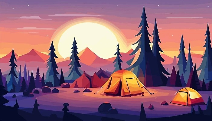 EPS 해외이미지 나무 여행 일러스트 산 텐트 사람없음 캠핑 모닥불 캠핑장 해외202309 해외일러스트 식물 불 레저 캠핑도구 파일형식 벡터