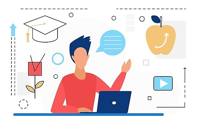 EPS 해외이미지 교육 남자 말풍선 일러스트 학사모 한명 상반신 성인 노트북 학습 손들기 사과 성인남자한명만 해외202309 해외일러스트 모자_잡화 1 과일 졸업 모션 사람 전자제품 남자한명만 성인남자만 파일형식 벡터