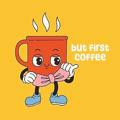 EPS 해외이미지 캐릭터 리본 커피 일러스트 사람없음 귀여움 머그컵 잡기 연기 복고 키치 Y2K 해외202309 해외일러스트 일러캐릭터 음료 컨셉 모션 컵 파일형식 벡터