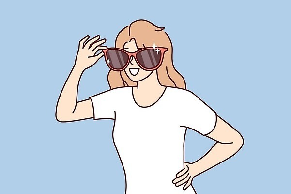 EPS 해외이미지 여자 일러스트 한명 서기 상반신 성인 선글라스 잡기 화려 성인여자한명만 해외202309 해외일러스트 1 안경 컨셉 모션 사람 여자한명만 성인여자만 파일형식 벡터